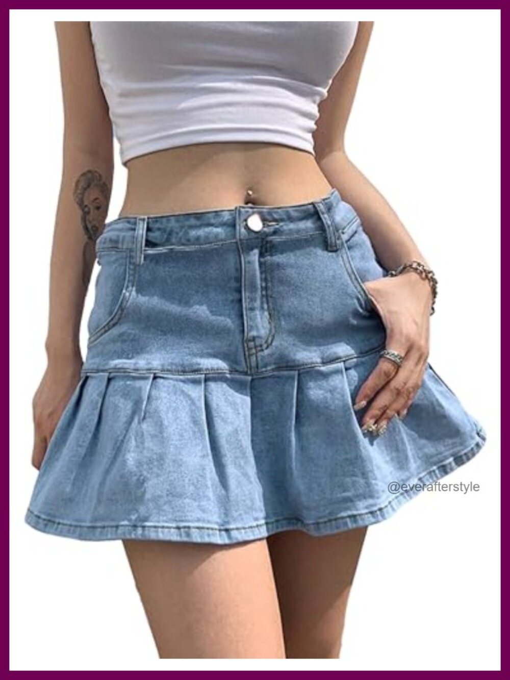 Denim Mini Skort with Built-In Shorts A-Line Ruffle Pleated
